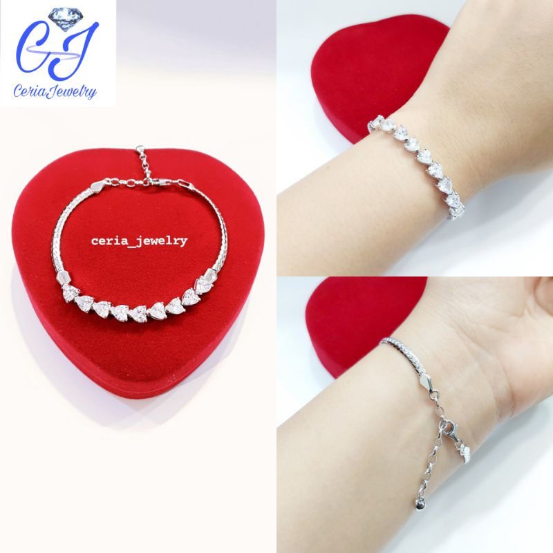 Gelang Perak Asli Silver Wanita 925 Lapis Emas Putih Model Diamond love