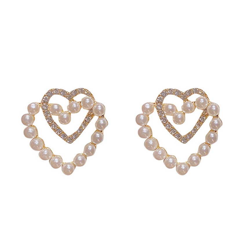 Baru Manis Berlian Imitasi Mutiara Double Heart Stud Earrings Untuk Wanita Gadis Fashion Lucu Perhiasan Pesta Korea Cinta Anting Hadiah