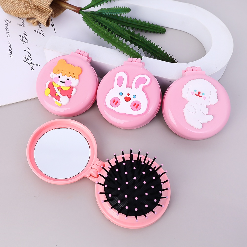 Pola Kartun Lucu Sisir Bantal Udara Mini Sisir Portable Lipat Bulat Sisir Pijat Kosmetik Cermin Mirror Comb Two In One Alat Kecantikan