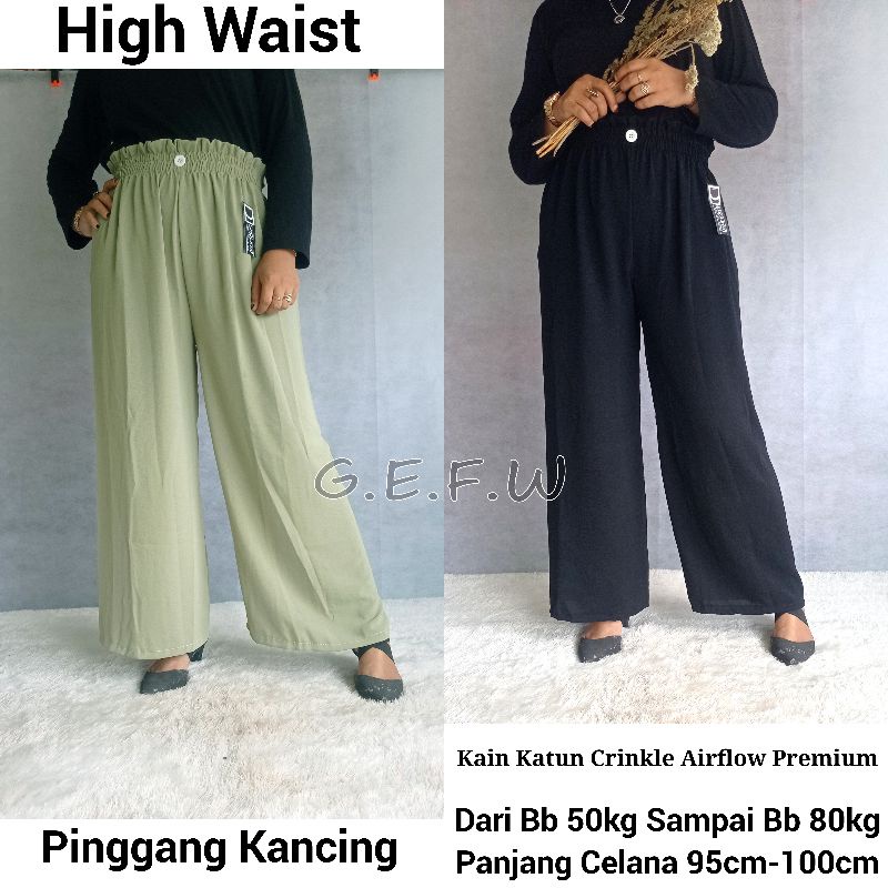 Kulot Crinkle Airflow Model Kancing Ukuran Jumbo Untuk Maksimal Bb 80kg / Celana Panjang Kulot Wanita Polos Hw High Waist Size Xxl Xl Bahan Katun Crinkle Airflow Premium Import Panjang Celana 95cm 100cm / Grefata