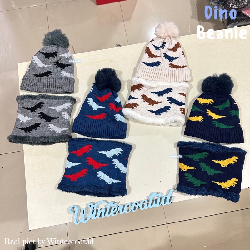 Beanie set anak winter topi kupluk anak dino bayi baby hat scarf musim dingin import hangat bromo dinosaurus cowok