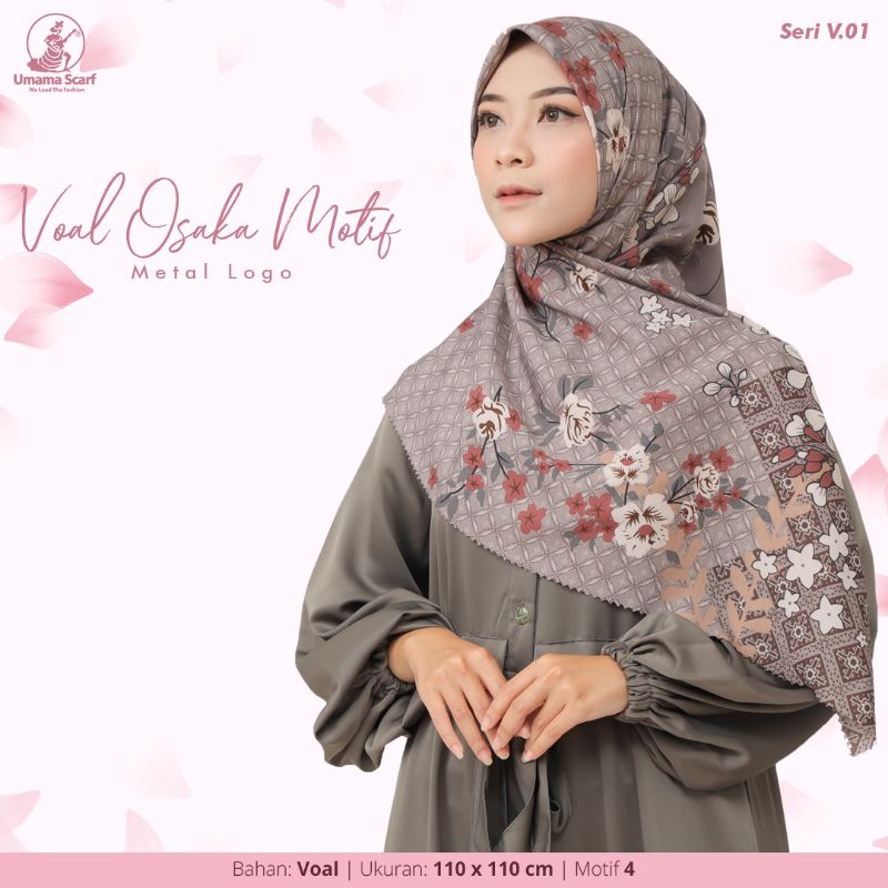 Hijab Segiempat Voal Osaka Metal Logo Laser Cut Jilbab Flower Motif Umama Scarf