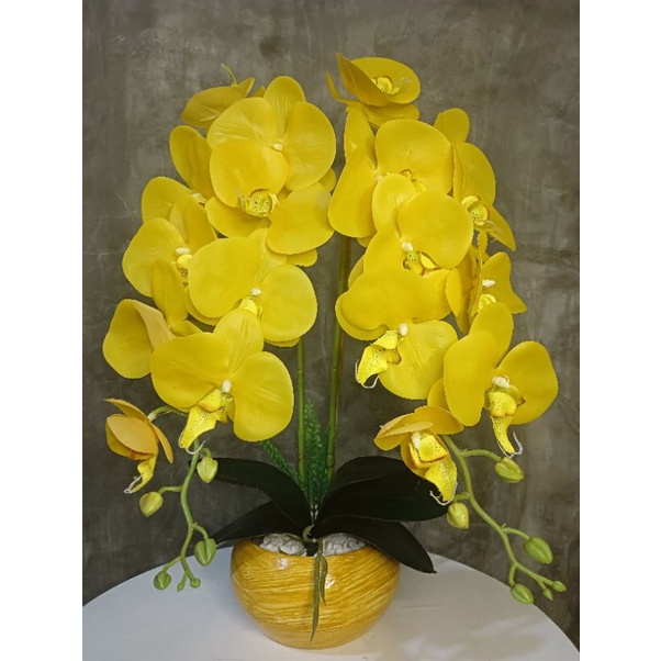 Bunga anggrek latex set vas batu/rangkaian anggrek latex 2 tangkai PREMIUM JUMBO