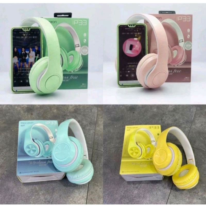 P33 HF HEADSET EARPHONE HANDSFREE HEADPHONE BLUETOOTH BANDO MACARON