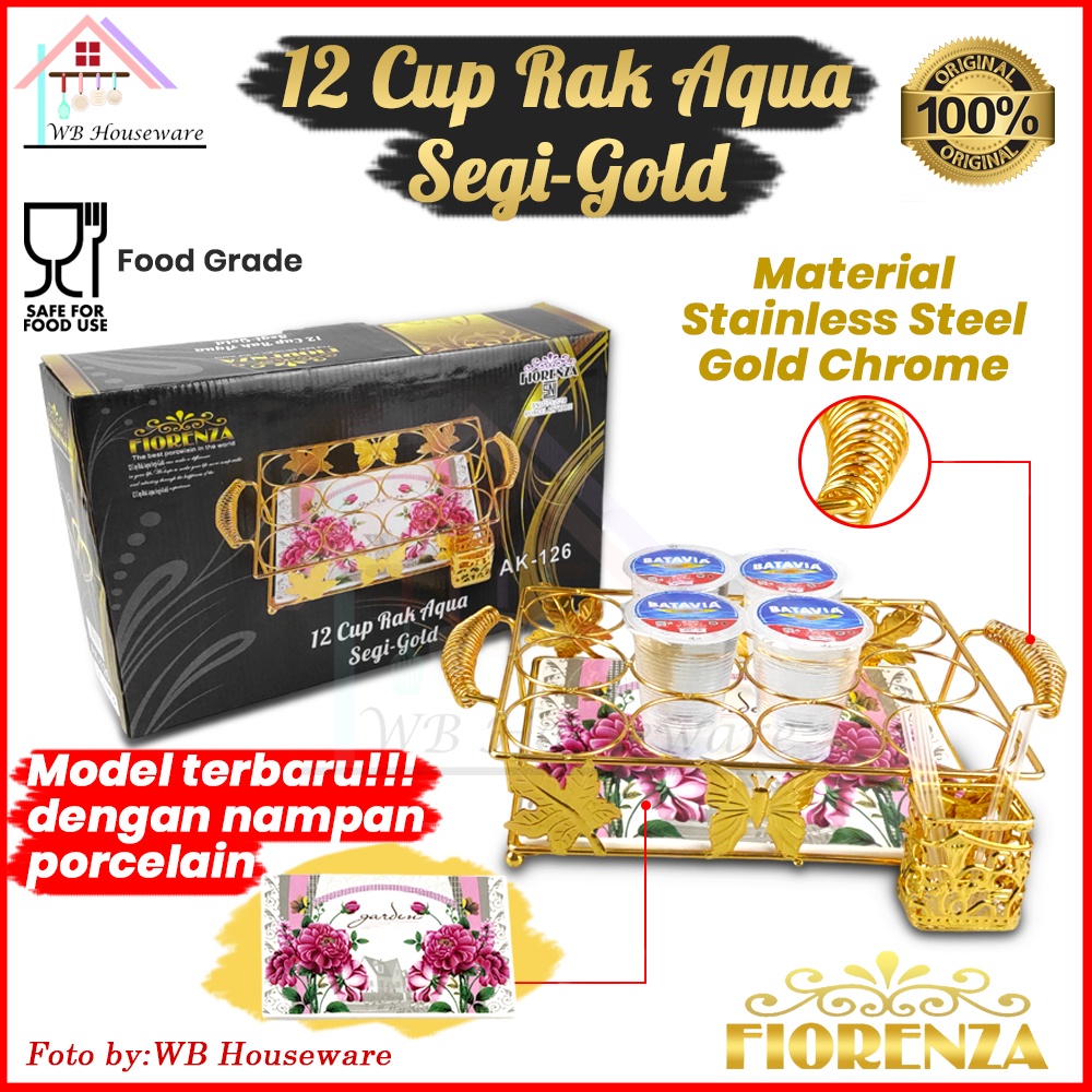 FIORENZA Rak aqua 12lubang stainless gold segi AK-126 / tempat minum cup aqua gelas bulat