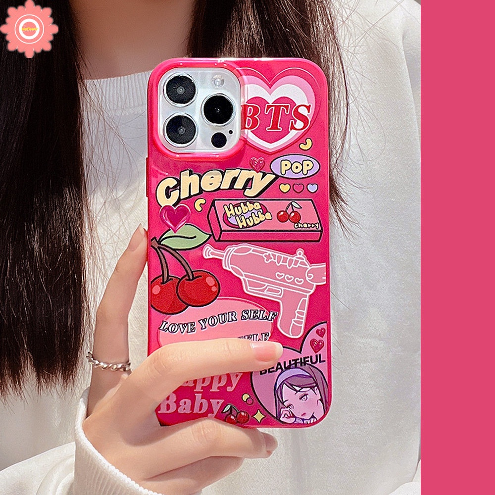 Case Compatible for IPhone 14 11 13 12 Pro Max XR 7 8 Plus X XS Max SE 2020 Candy Glossy Shockproof Protection Camera Ros Red Cartoon Label Cherry Soft Tpu Silicon Back Cover