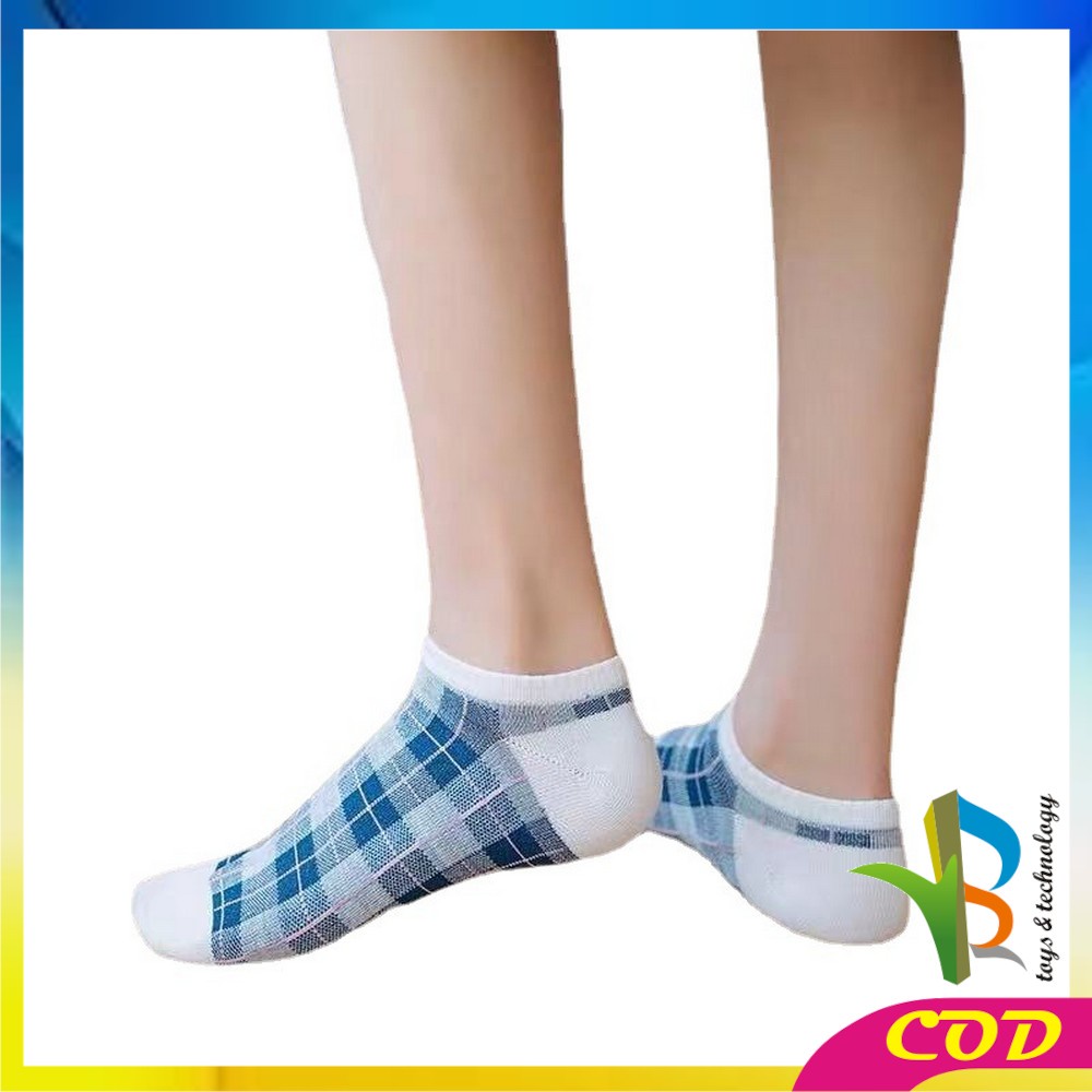 RB-P187 Kaos Kaki Pendek Wanita Motif Kotak Biru / Kaus Kaki Pendek Wanita Dewasa / Ankle Sock Fashion Korean Style