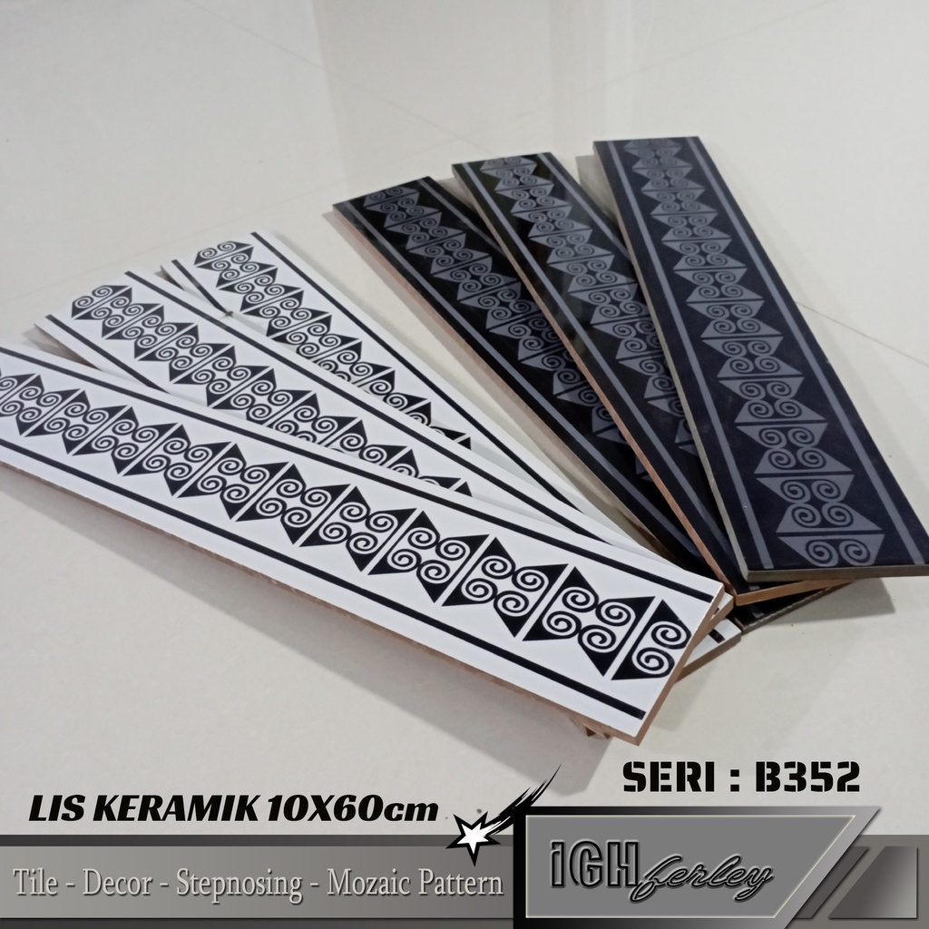 Lis Keramik Dinding 10x60 cm Hitam Putih Glossy Motif Dekor Minimalis