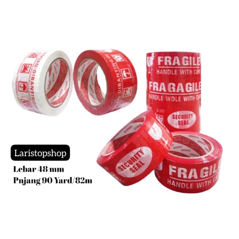 Lakban Bening FRAGILE 48 x 82 cm atau 90 Yard / Lakban Fragile Handle With Care / Isolasi Barang Mudah Pecah Belah