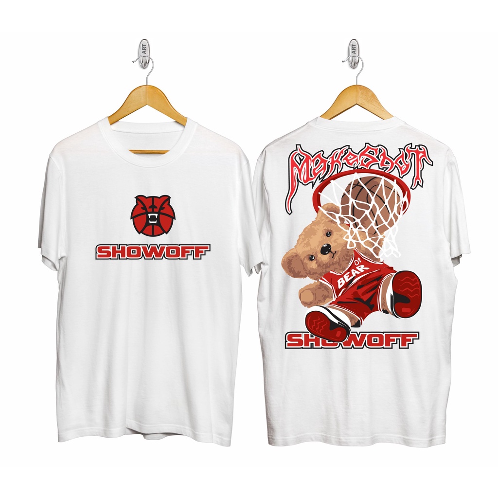 BAJU KAOS TEDDY BEAR BASKET PUTIH / KAOS SHOWOFF / BAJU COWOK / KAOS KATUN / BAJU SABLON / KAOS GAMB