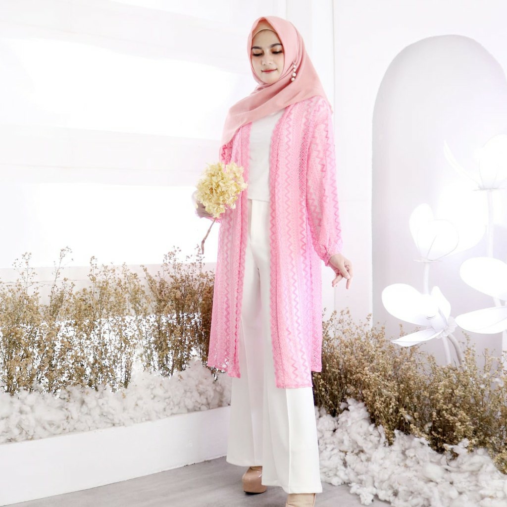 PAKAIAN WANITA MUSLIMAH LONG OUTER CARDIGAN PUTIH BROKAT LENGAN PANJANG