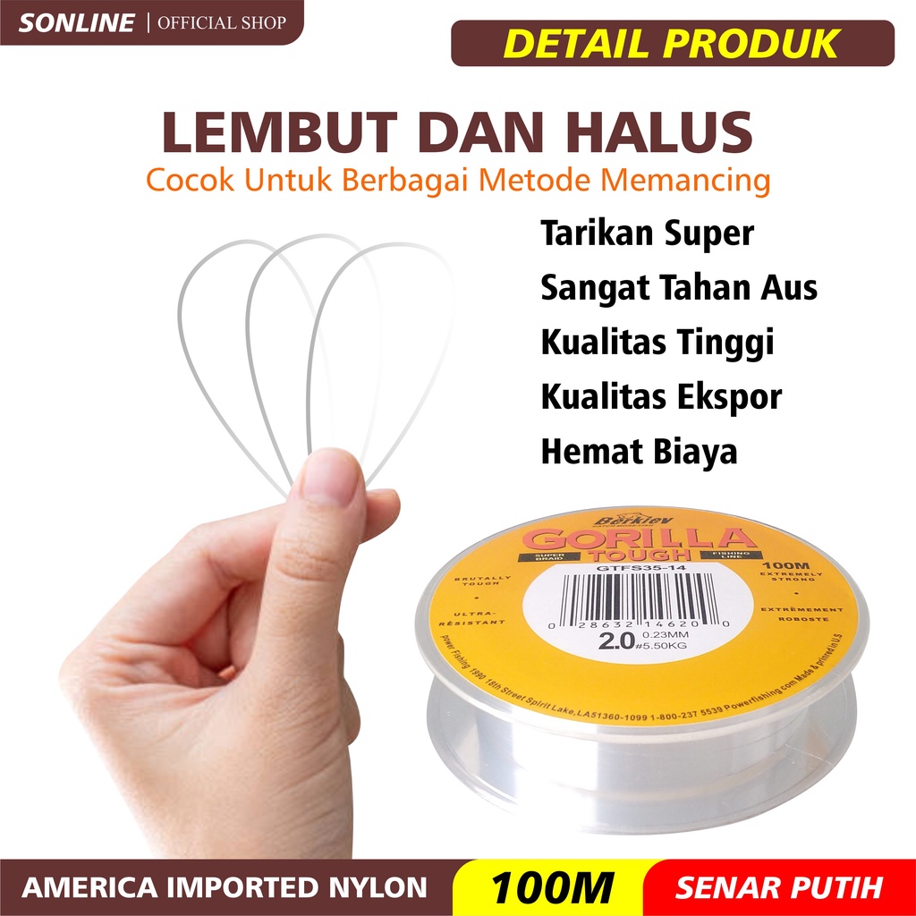 SONLINE Tali Pancing  Berkley Gorilla Tough Warna Putih Senar Pancing Amerika 100m Super Kuat &amp; Tahan Bahan Nilon