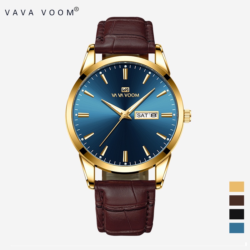 VAVAVOOM Jam Tangan Pria Original Anti Air Tahan Kulit Analog Men Watch Hitam Putih Biru Cod-2501-LK