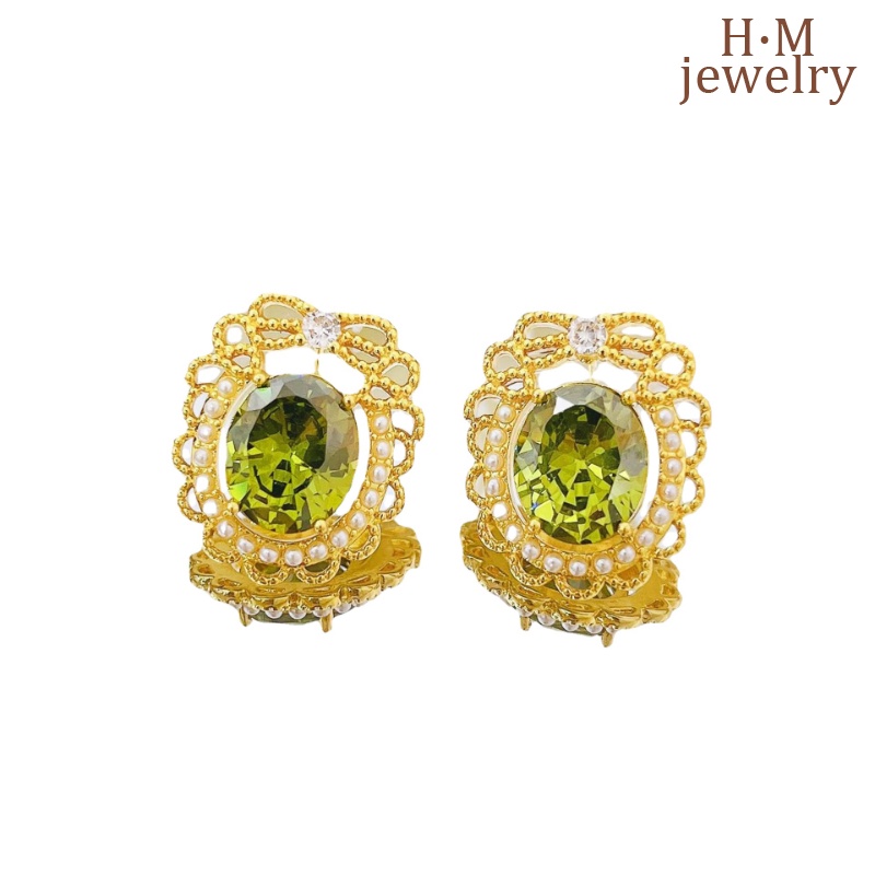 LUSH Anting Vintage Elegan Rimbun Hijau Olive Earrings Mutiara Kristal Hijau Hutan Rimbun