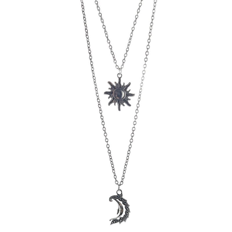 Antik Warna Perak Matahari Bulan Liontin &amp; Kalung Pecinta Retro Pendek Rantai Choker Kalung Teman Wanita Fashion Perhiasan