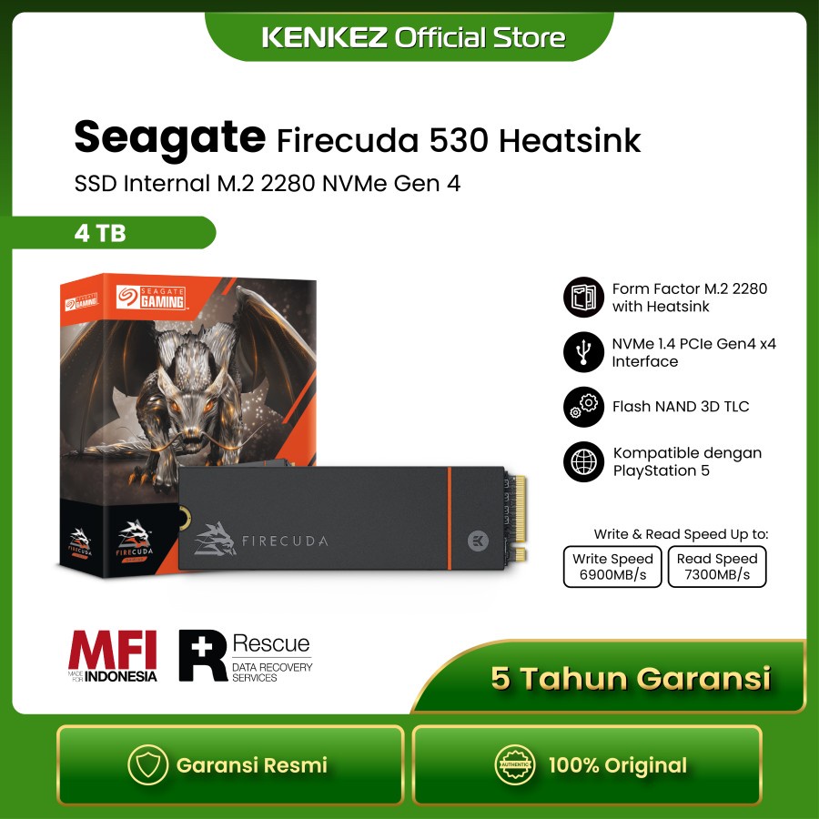 Seagate FireCuda 530 Heatsink SSD 4TB M.2 2280 NVMe Gen 4 ( Support untuk PS5 )