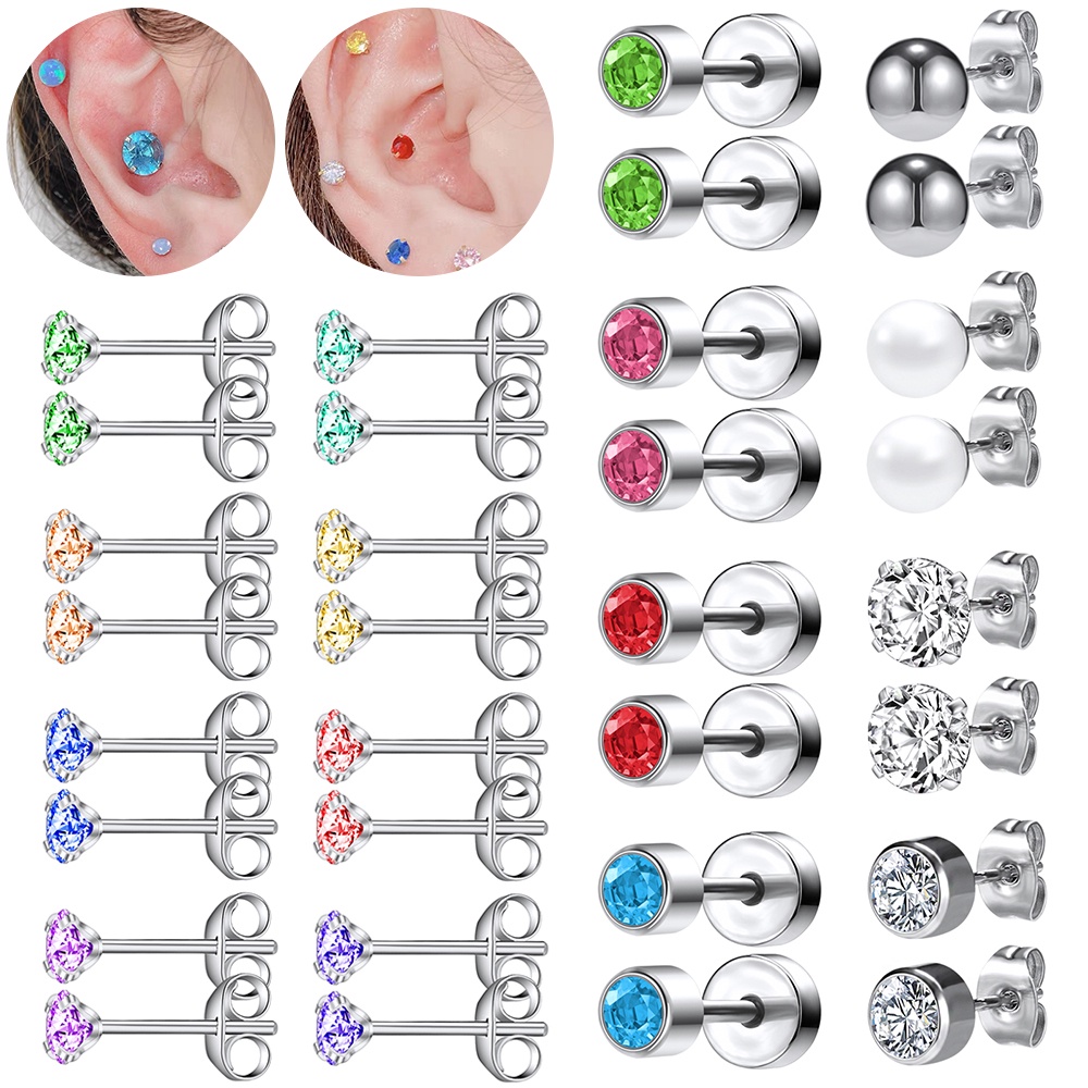 1set Multicolor Kristal Stainless Steel Stud Earrings Mutiara Bola Kristal Tulang Rawan Stud Earrings Helix Keong Tindik