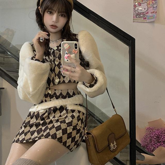 Suhao one-piece suit coklat retro kotak-kotak babes setelan wanita musim gugur dan musim dingin Amerika fashion asing gaya rok jaket two-piece set