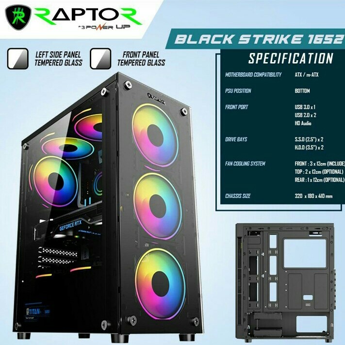 CASING POWER UP GAMING RAPTOR 1652 + 3 FAN