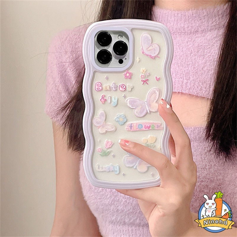 IPHONE Casing Kompatibel Untuk Iphone14 13 12 11 Pro Max X Xr Xs Max Iphone8 7 6 6s Plus Casing Ponsel Kupu-Kupu Ungu Populer Bingkai Bergelombang Silikon Bening Anti-Jatuh Soft Case Cover Pelindung