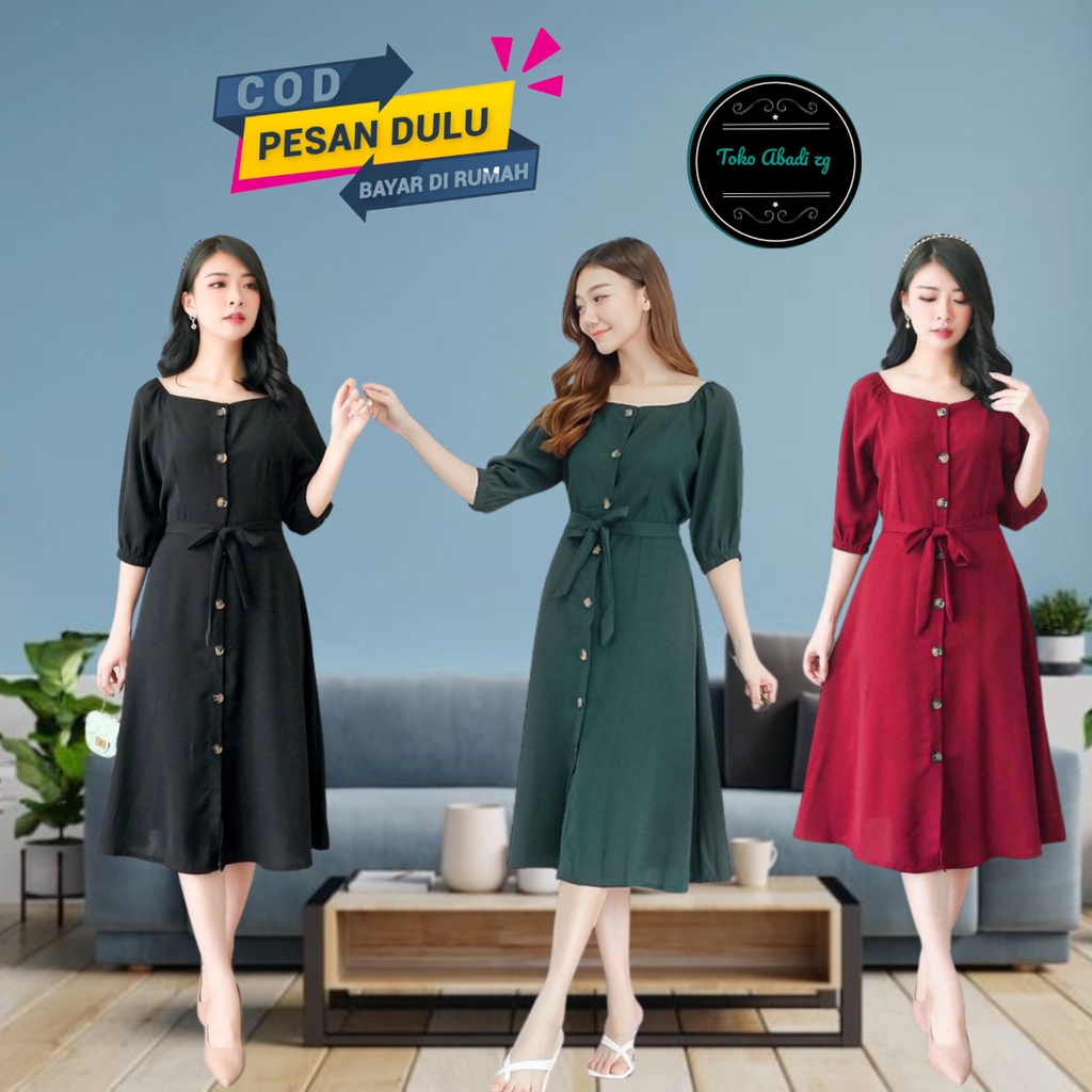 Dress Polos Viral Full Kancing Depan Tali Samping Korea Kasual Lengan 3/4 Dress Andin Bahan Moscrepe