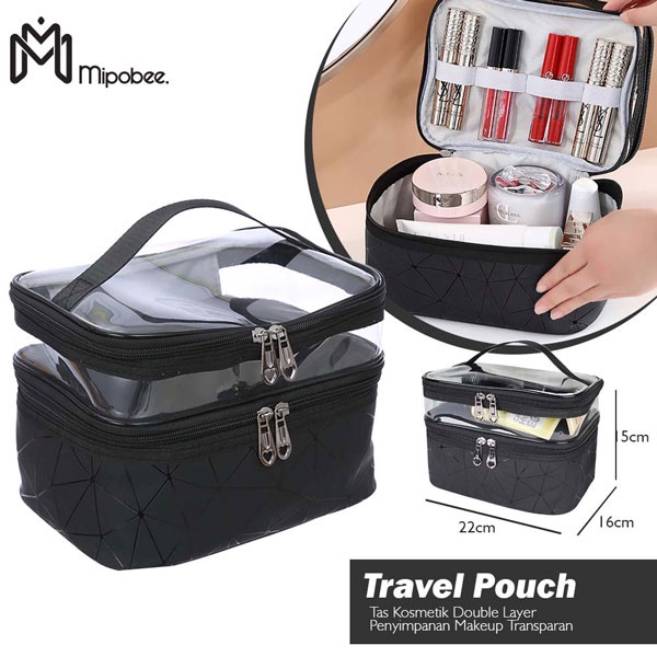 Tas Kosmetik Double Layer Travel Pouch Penyimpanan Makeup Transparan