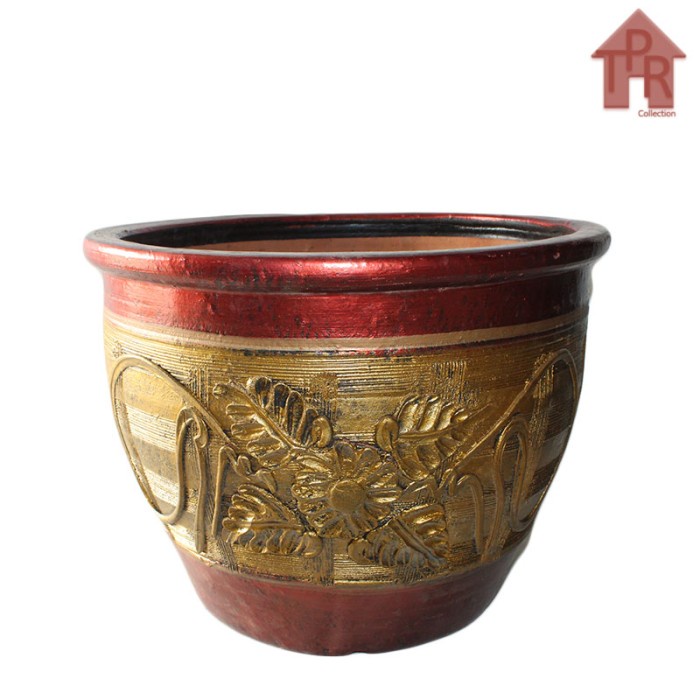 Pot Tanah Liat / Pot Bunga Motif Kontur Bunga Finish Duco