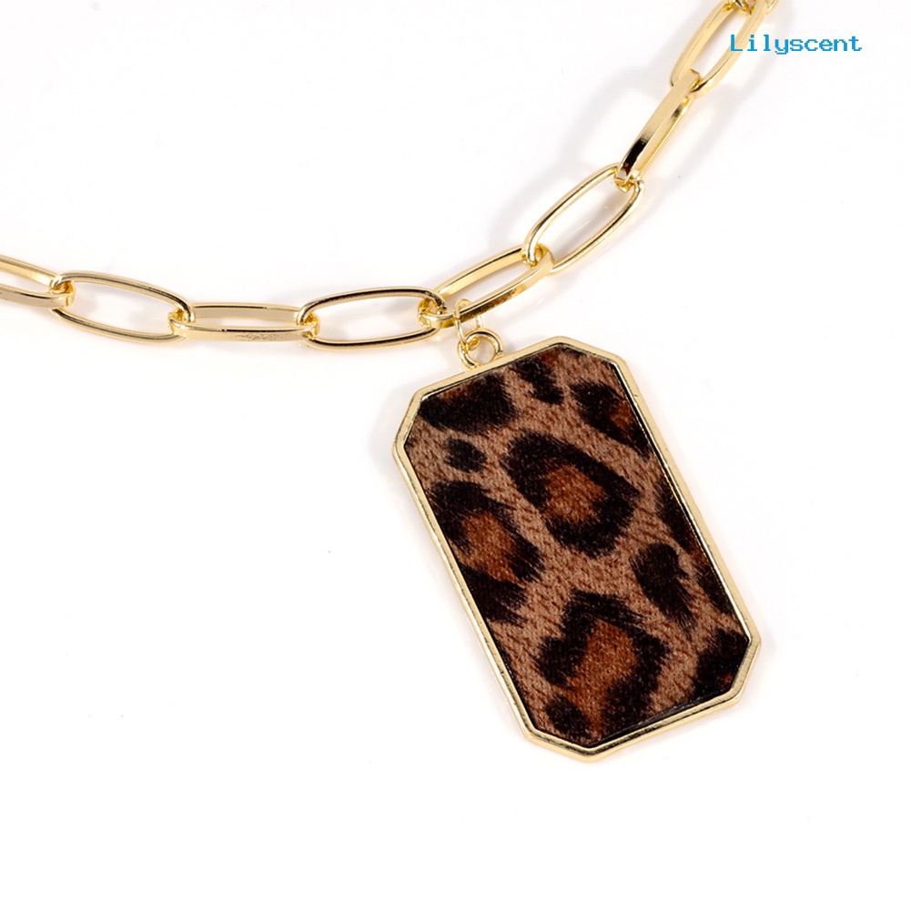 [LS]Fashion Wanita Motif Leopard Persegi Liontin Rantai Panjang Kalung Perhiasan Hadiah