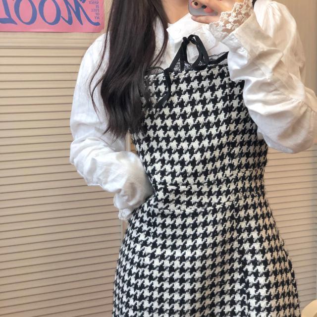 Suhao setelan dua potong dalam retro manis gaya asing pengurangan usia kemeja gadis Jepang + gaun tali houndstooth wanita