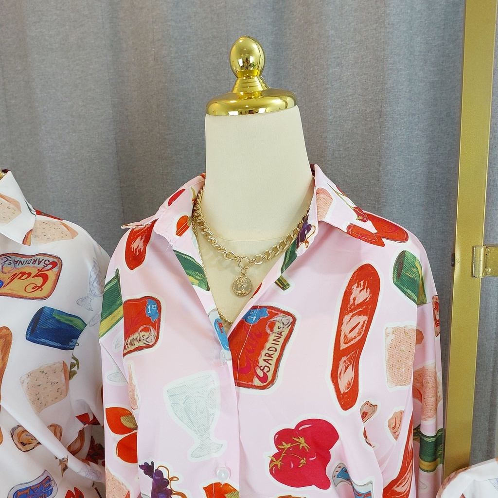KEMEJA NOK BANGKOK OVERSIZED MOTIF PICNIC FOOD FASHION WANITA IMPORT BANGKOK