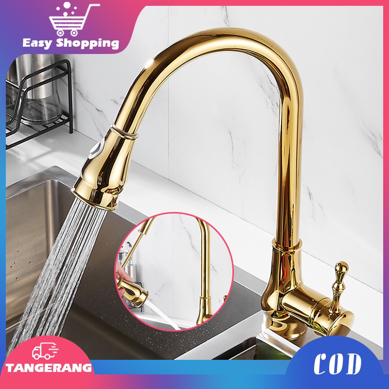 Kran Sink Mixer Tarik Bahan Kuningan Kran Cuci Piring Gold Keran Mixer Air Panas Dingin Yang Dapat Diputar Satu Pegangan Kontrol