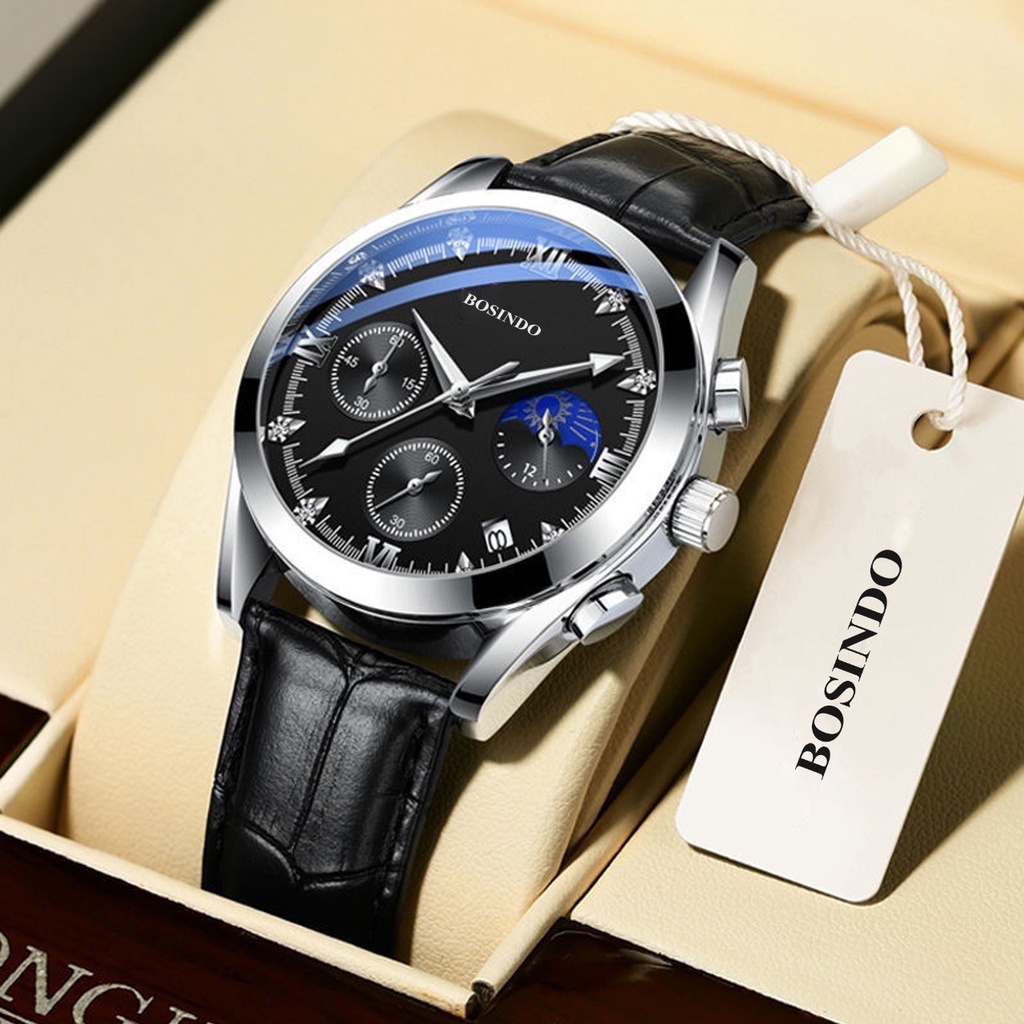 jam tangan BOSINDO C23 jam tangan pria kulit asli import terbaru kekinian fashion korea Jam tangan pria mewah jam Tangan kulit asli import TERBARU, jam cowok anti air-jam tangan unisex pria/ wanita  jam wanita mewah elegan original anti air bisa COD