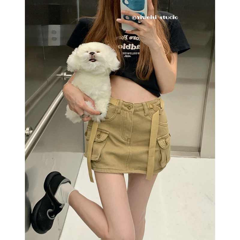 ♛❁☢Suhao Spice Girl Perkakas Denim Rok Wanita Musim Panas Retro Pinggang Tinggi Kulot Anti-Light Rok Pendek Pria Kecil Hip rok