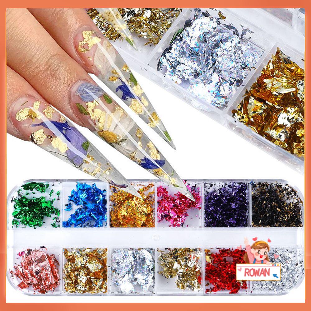 R-flower 12Grid Kuku Foil Emas Baru Musim Dingin Manicure Gold Glitter Flakes Irregular