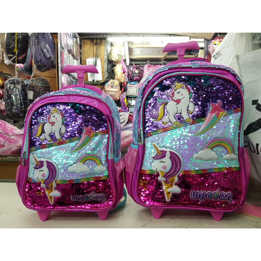 Tas Sekolah Troli Anak SD dan TK Tas Trolley Sequin Motif Unicorn dan LOL Tas Koper Dorong Anak Perempuan