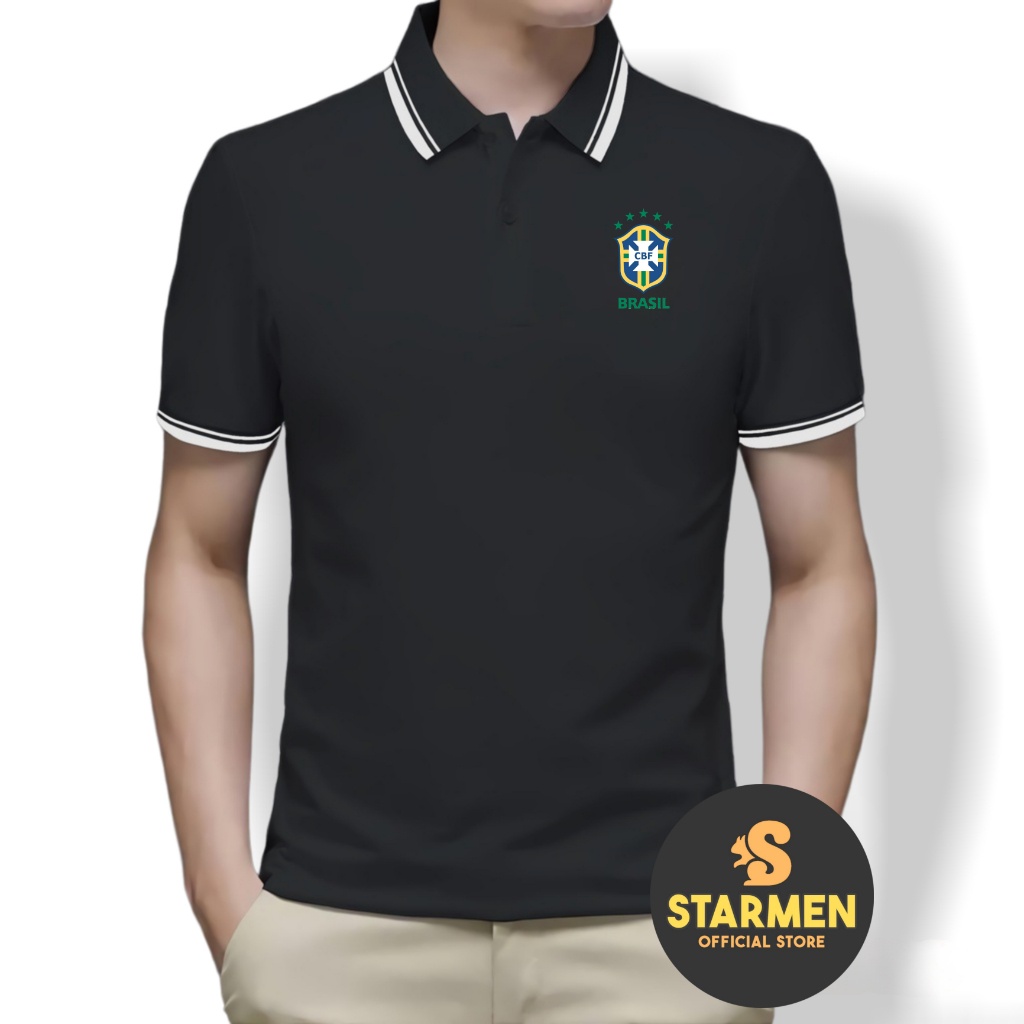 Kaos Polo Shirt Pria Kerah List Putih logo BRASIL