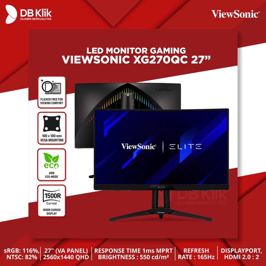 LED Monitor Gaming VIEWSONIC XG270QC 27&quot; 165Hz Curved QHD HDMI DP