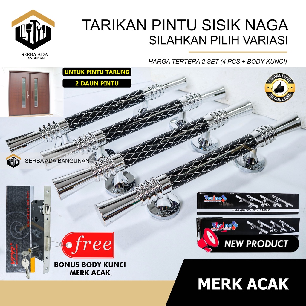 (PAKET PINTU TARIKAN SISIK NAGA) 1 set body kunci pintu + 4 pcs handle tarikan berkilau mewah elegan 35cm