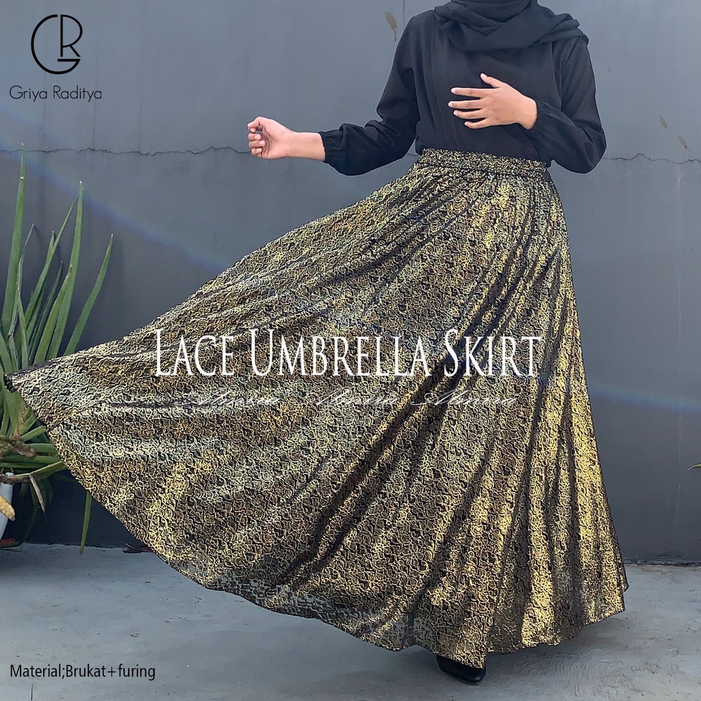 Rok Hitam Panjang Pesta Muslimah Lace Umbrella Skirt Rok Flare Rok Brukat Griyaraditya Almira