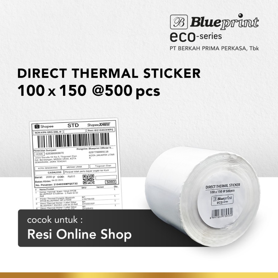 ECO BLUEPRINT 100x150 mm isi 500pcs Label Resi Direct Thermal Sticker DTS