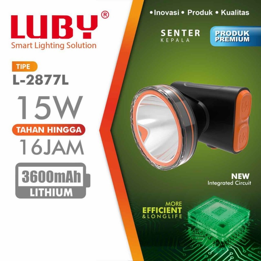 Senter Kepala LED Luby 15 Watt L-2877L Headlamp Recharge Waterproof Original