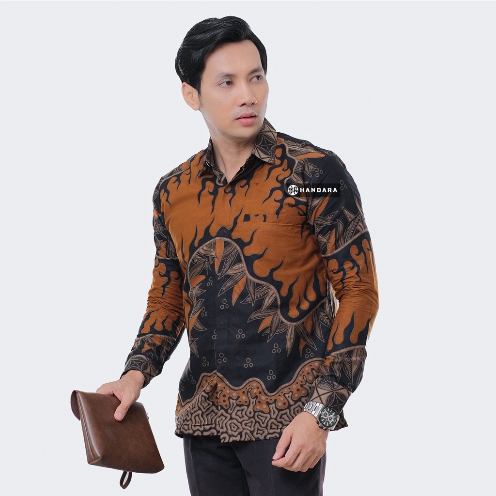 Baju Kemeja Batik Pria Lengan Panjang Slim Fit Premium Modern Full Furing Katun Halus Original Handara Motif Byrna Oren Coklat HB-289