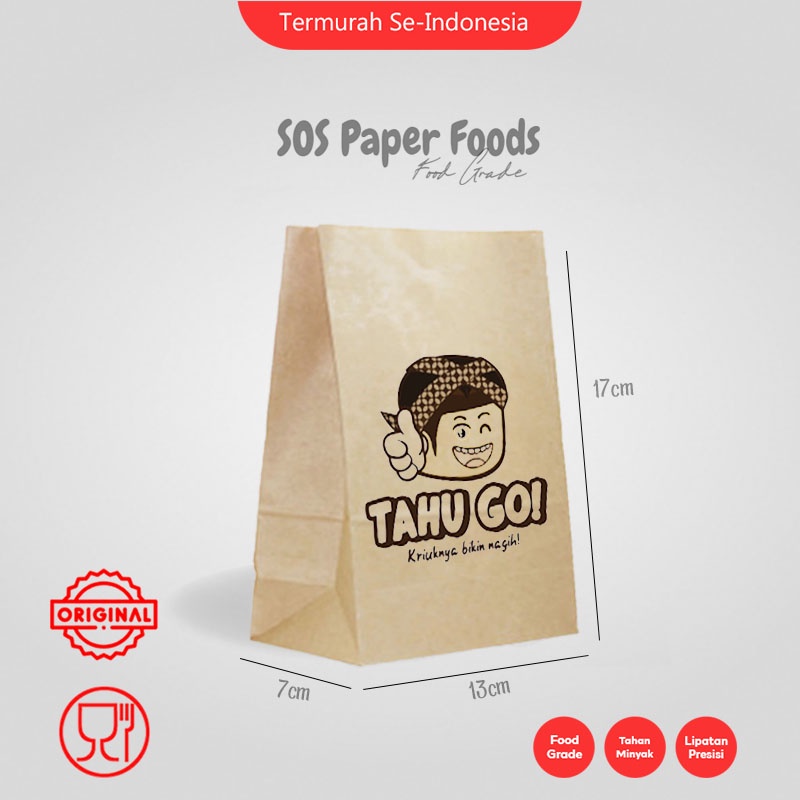 (CUSTOM) Kantong Kertas Makanan Bebas Cetak Uk. 17x7x13 cm / Bungkus Makanan Kantong Kertas Tahu, Ku