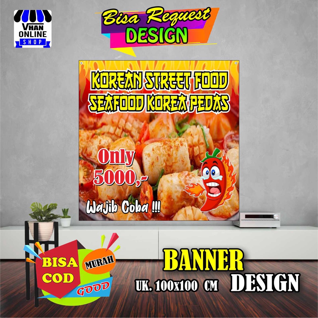 Spanduk Banner Jajanan Korea, Bakso Seafood, Jajanan Viral, Kuat Awet