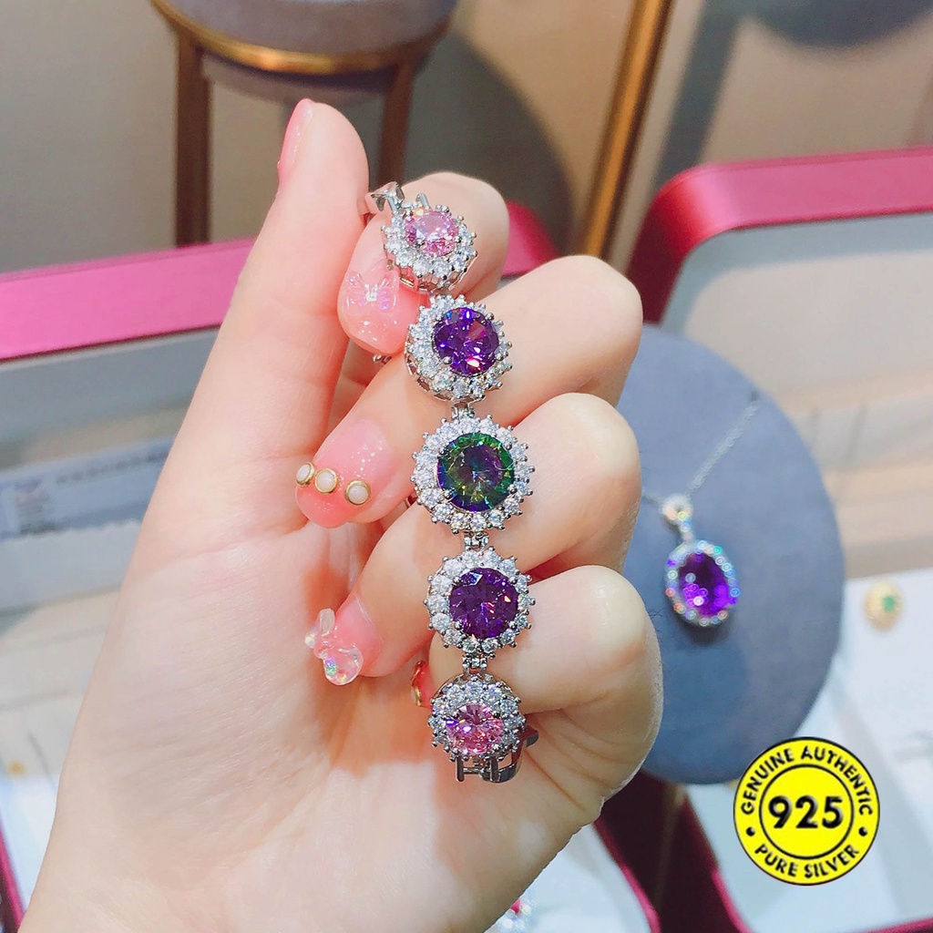 Gelang Moissanite Delapan Hati Dan Delapan Panah Berlian Merah Muda Amethyst Permata Berwarna Gelang M1547