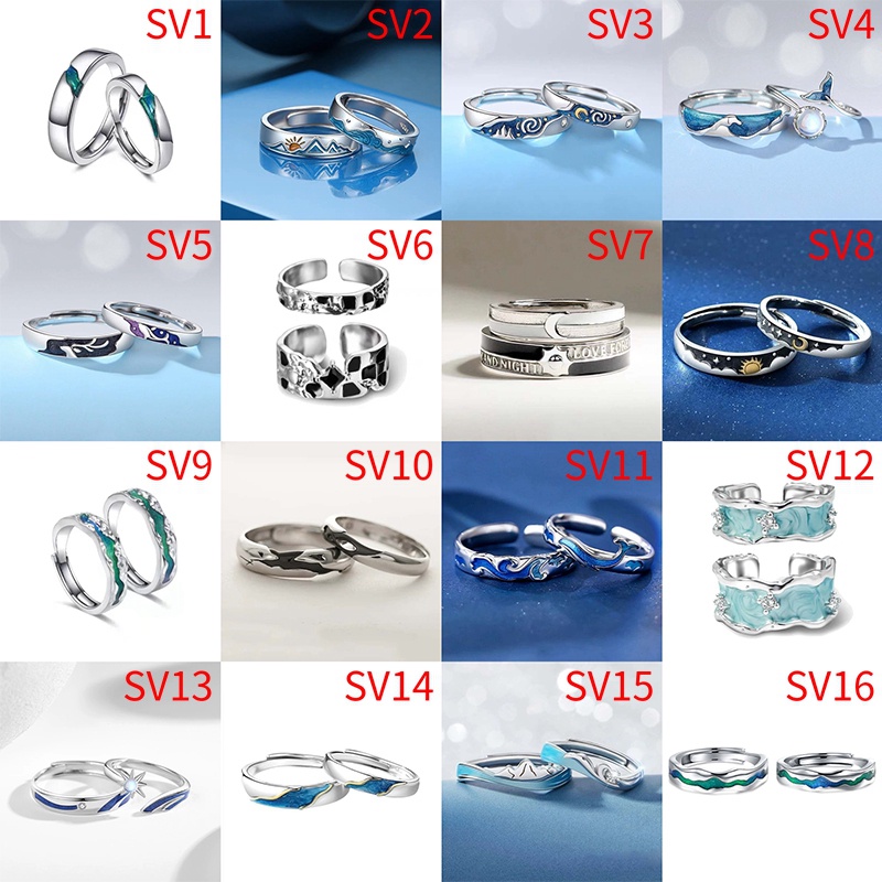 Fancyqube 2 Pcs Fashion Zirkon Pasangan Cincin Set Perak Berlapis Gunung Laut Matahari Bulan Cincin Terbuka Yang Dapat Disesuaikan Untuk Pria Wanita Pernikahan Perhiasan Minimalis