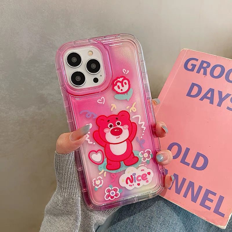 IPHONE Casing Ponsel Lembut Beruang Pink Lucu Kompatibel Untuk Iphone14 13 12 11 Pro XS Max Shockproof Casing X XR 78 6 6S Plus Cover TPU Transparan