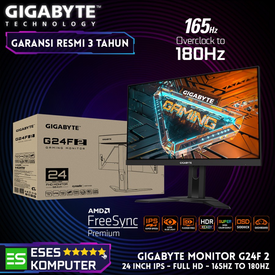 Monitor Gigabyte G24F2 G24F 2 Gaming 24 Inch SS IPS FHD 180Hz 1ms HDR