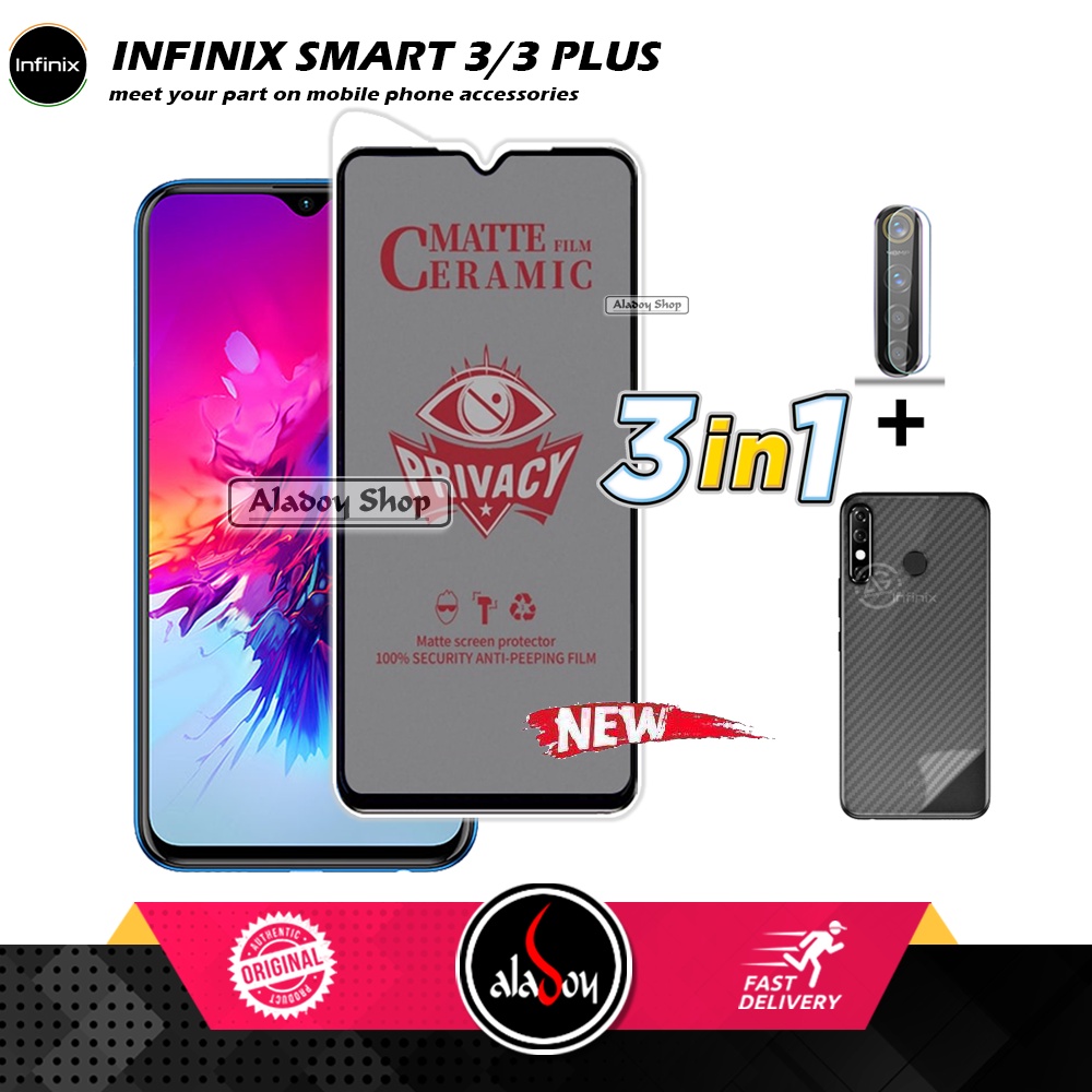 Tempered Glass Anti SPY Infinix Smart 3/3 Plus Anti Gores Privacy + Tempered Glass kamera dan Skin Carbon