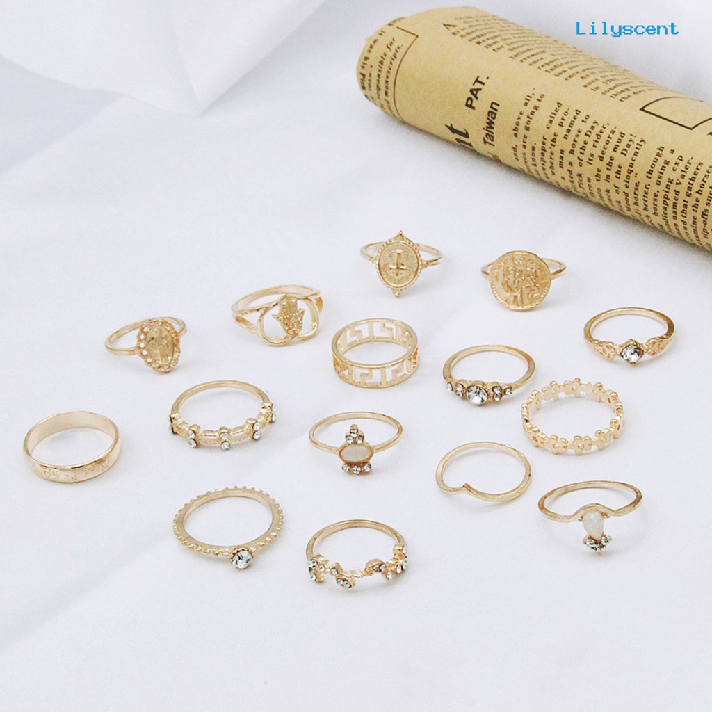 [LS]15Pcs /Set Cincin Fashion Cincin Artistik Paduan Hati Cincin Jari Kristal Imitasi Untuk Pakaian Sehari-Hari